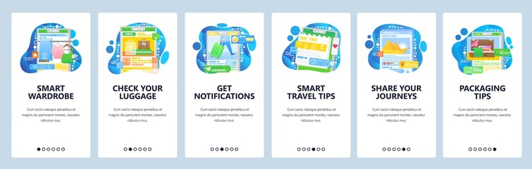 Travel service website and mobile app onboarding screens vector template