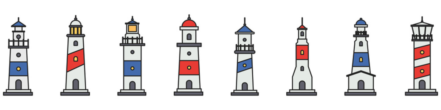 Set of lighthouses. Lighting path. Flat style. Vector illustration
