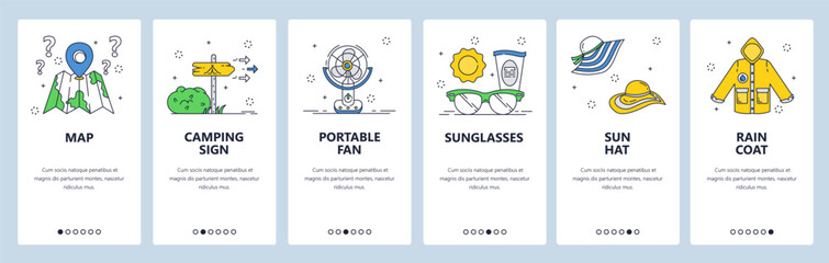 Summer travel website and mobile app onboarding screens vector template