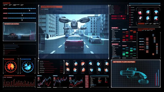 Autonomous car through the city center roads with flying Drone taxi. user interface frame. 4k animation.2.