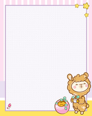 Vector printing paper note with dotted sheet (bullet journal style) for notebook, diary, letters, planners, notes. Kawaii anime Llama on yellow-pink background, stars, agaric and plants, A4 size