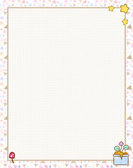 Vector printing paper note with dotted sheet (bullet journal style) for notebook, diary, letters, planners, notes. Kawaii flower pot on geometric triangles background, stars, mushroom, A4 size