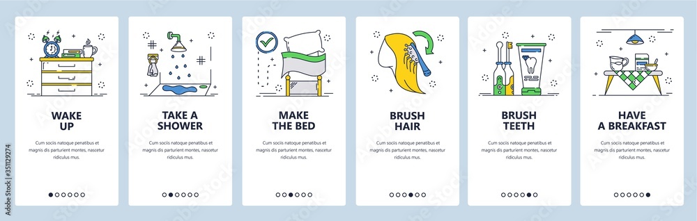 Wall mural morning routine website and mobile app onboarding screens vector template