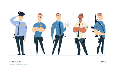 Obraz premium Police officers set. Young cheerful police men set. Police character collection.