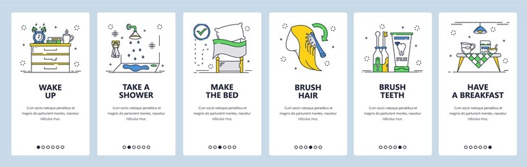 Morning routine website and mobile app onboarding screens vector template