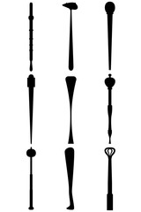 A set of nine different types of medieval maces. Illustration for various purposes of icons, brochures, banners, logos.
