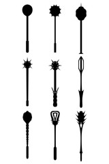 A set of nine different types of medieval maces. Illustration for various purposes of icons, brochures, banners, logos.