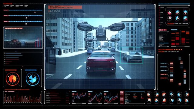 Autonomous car through the city center roads with flying Drone taxi. user interface frame. 4k animation.1.