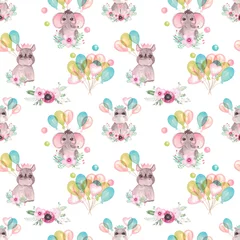 Gordijnen Naadloze patroon van schattige baby dieren met ballonnen bloemen op een witte achtergrond Kinder print olifant, neushoorn, Hippo verjaardagsfeestje © Evgeniia
