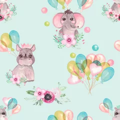 Wallpaper murals Animals with balloon Seamless pattern of cute baby animals with balloons flowers on a blue background Children's print elephant, Rhino, Hippo birthday party