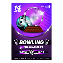Bowling Ten-pin Sportive Club Award Poster Vector. Stylish Multicolor Round Bowling Playing Ball Tool For Bowler With Holes. Target Sport Game Event Announcement Concept Template Illustration
