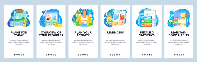 Habit tracking website and mobile app onboarding screens vector template