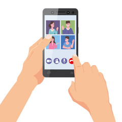 Hand holds smartphone. Video conference team friends on screen phone talking by internet in videocall, chat, UI,UX interface
