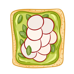 Toast bread isolated icon on white background. Sandwich with radish and green spread healthy doodle. Breakfast or lunch food. Flat style vector isolated illustration. Stock vegetarian illustration