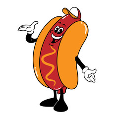 Hot Dog Mascot wearing baseball caps invite customer to buy in 1930s Cartoon Style Vector