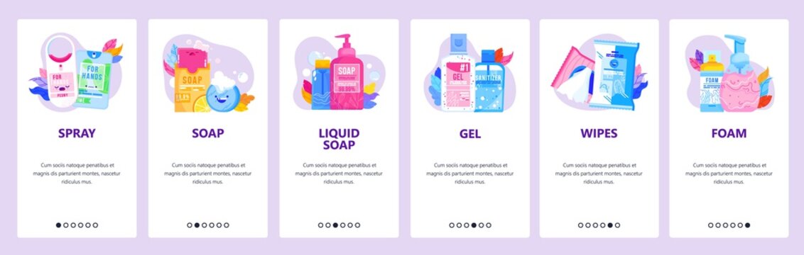 Hand Sanitizer Website And Mobile App Onboarding Screens Vector Template