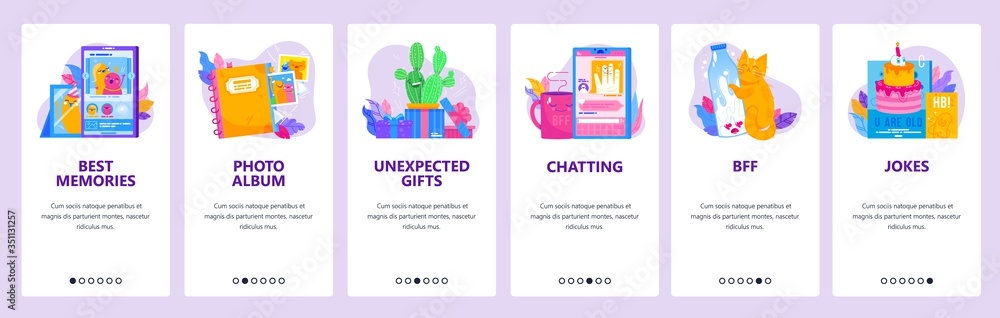 Poster internet communication website and mobile app onboarding screens vector template