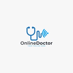 Doctor online virtual services logo design vector. Consultation to doctors via digital remote illustration symbol. Telemedicine service vector logo. Stethoscope and signal vector icons.