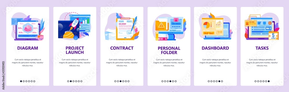 Poster project management website and mobile app onboarding screens vector template