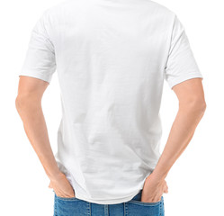 Man in stylish t-shirt on white background