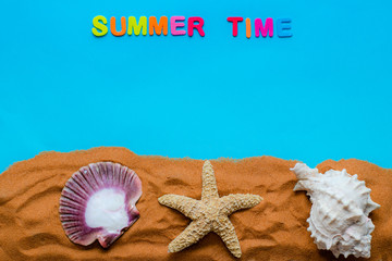 Tiempo de verano en fondo azul, arena y elementos marinos 