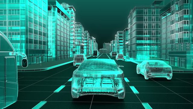 Autonomous car through the city center roads with flying Drone taxi.x-ray wire frame version. 4k animation.
