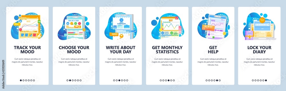Poster mood tracker website and mobile app onboarding screens vector template