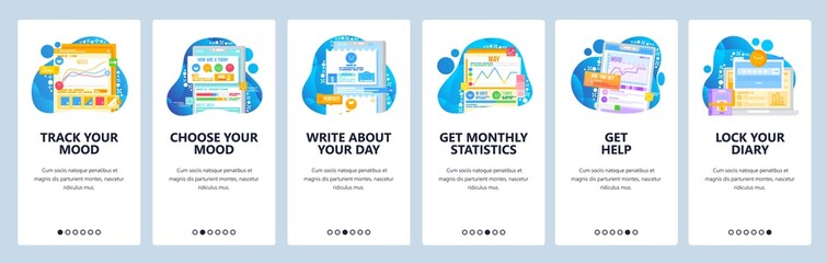 Mood tracker website and mobile app onboarding screens vector template