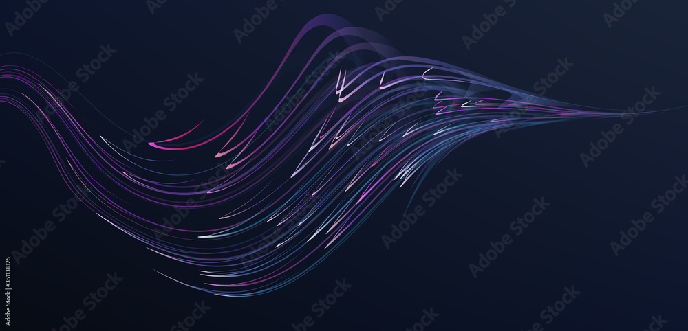 Poster abstract dynamic composition of bright lines forming shape, futuristic graphic design element, dark 