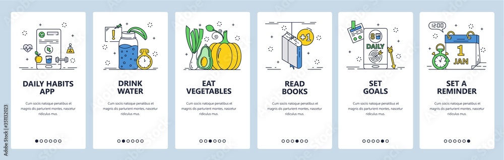 Poster daily habits website and mobile app onboarding screens vector template