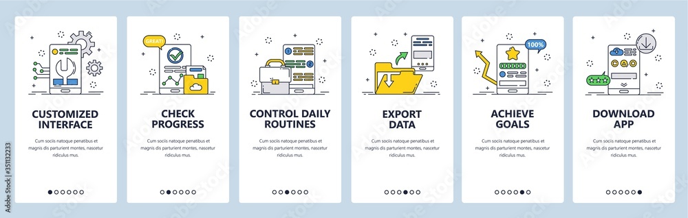 Aufkleber habit tracking website and mobile app onboarding screens vector template