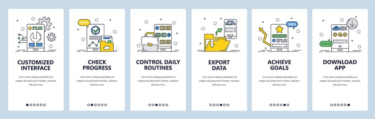 Habit tracking website and mobile app onboarding screens vector template