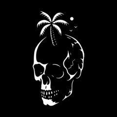 SKULL WITH PALM TREE WHITE BLACK BACKGROUND