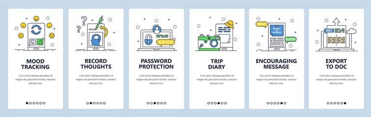 Thought tracking website and mobile app onboarding screens vector template
