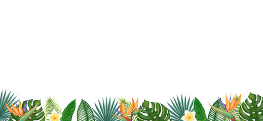 Fototapeta na wymiar Hand drawn digital illustration of tropical leaves and flowers. Botanical tropical elements border with copy space. Tropical frame banner for invitation, prints, gifts. Tropical border.