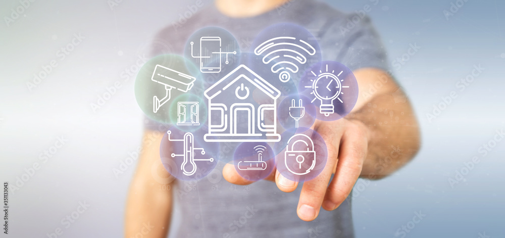 Poster businessman holding smart home interface with icon, stats and data 3d rendering