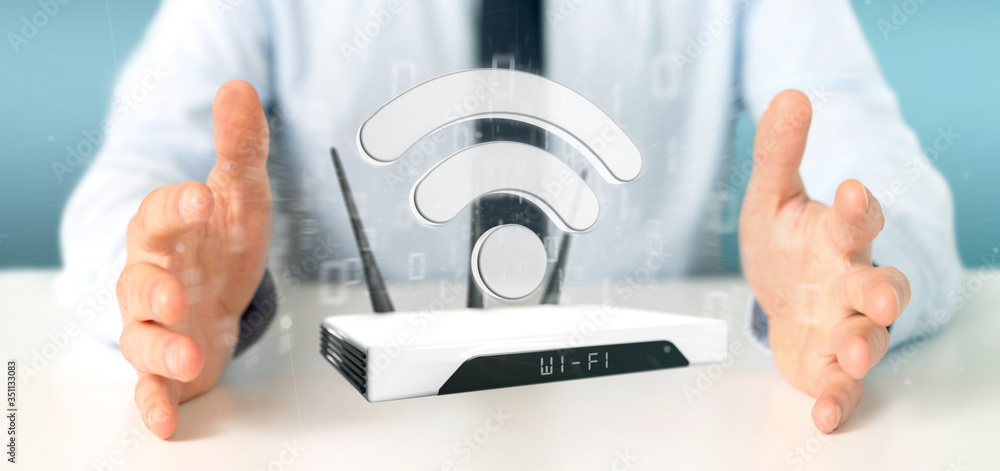 Aufkleber businessman holding a wifi router and data - 3d rendering