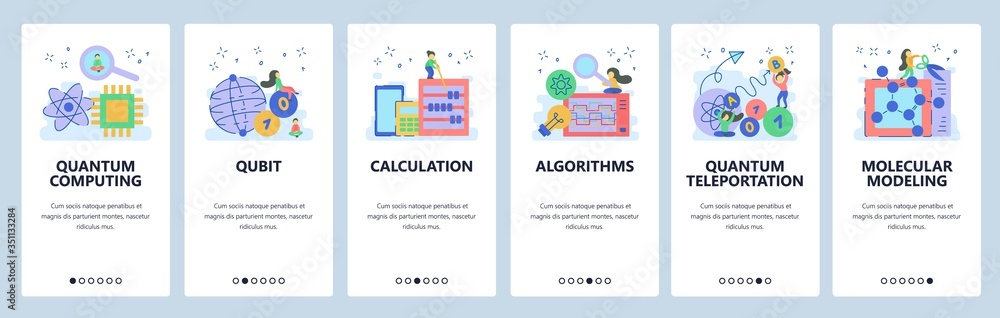 Poster quantum computing website and mobile app onboarding screens vector template