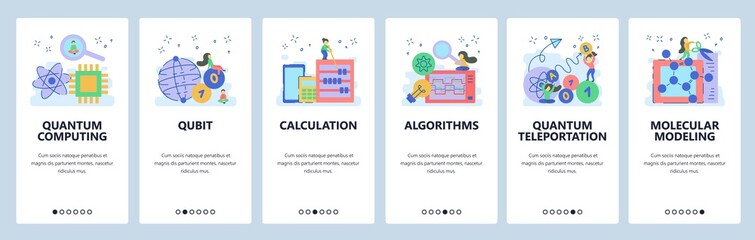 Quantum computing website and mobile app onboarding screens vector template