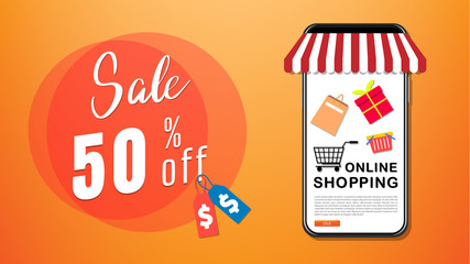 Online shopping Sale,concept , with smartphone on orange backgrounds , vector illustrations EPS 10