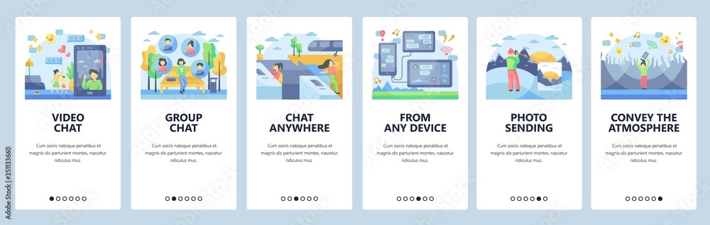 Poster messaging website and mobile app onboarding screens vector template