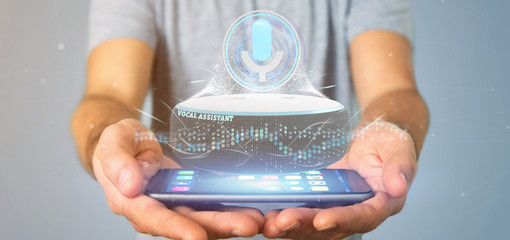 Businessman holding a vocal assistant and wave equaliser - 3d rendering