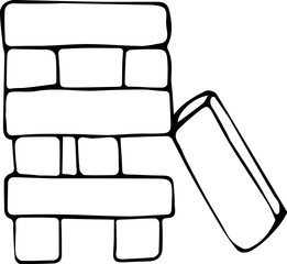Vector illustration of the game jenga in the style of Doodle. Concept of family games, family pastime, games with friends at home. Black outline on a white background.