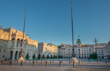 Fototapeta premium The piazza Unita at Trieste city, Italy at sunset. The square is also close to Trieste seaport and Miramare bay.