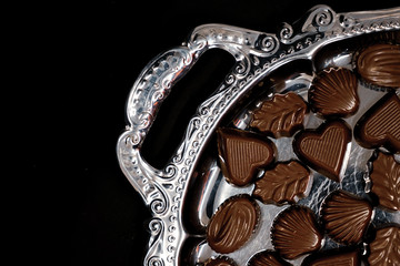 chocolate serving on silver tray. to serve chocolate on tray is a traditional Turkish hospitality...