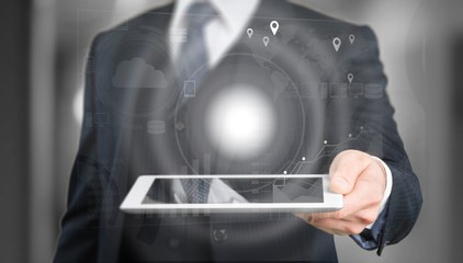 Technology digital financial future finance virtual innovation. Businessman with digital tablet