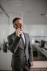 Businessman in office. Handsome man talking on phone at work.	