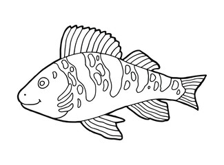 Cartoon fish. Hand drawing outline doodle. Isolated element on a white background. Suitable for baby print, postcard, coloring. Stock illustration.