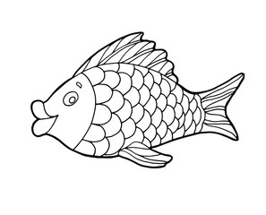 Cartoon fish. Hand drawing outline doodle. Isolated element on a white background. Suitable for baby print, postcard, coloring. Stock illustration.