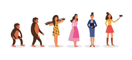 Human evolution from prehistoric to modern woman vector illustration isolated.